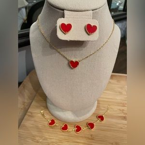 Heart clover 3pcs jewelry set-earrings, necklace, bracelet in red. Brand new.